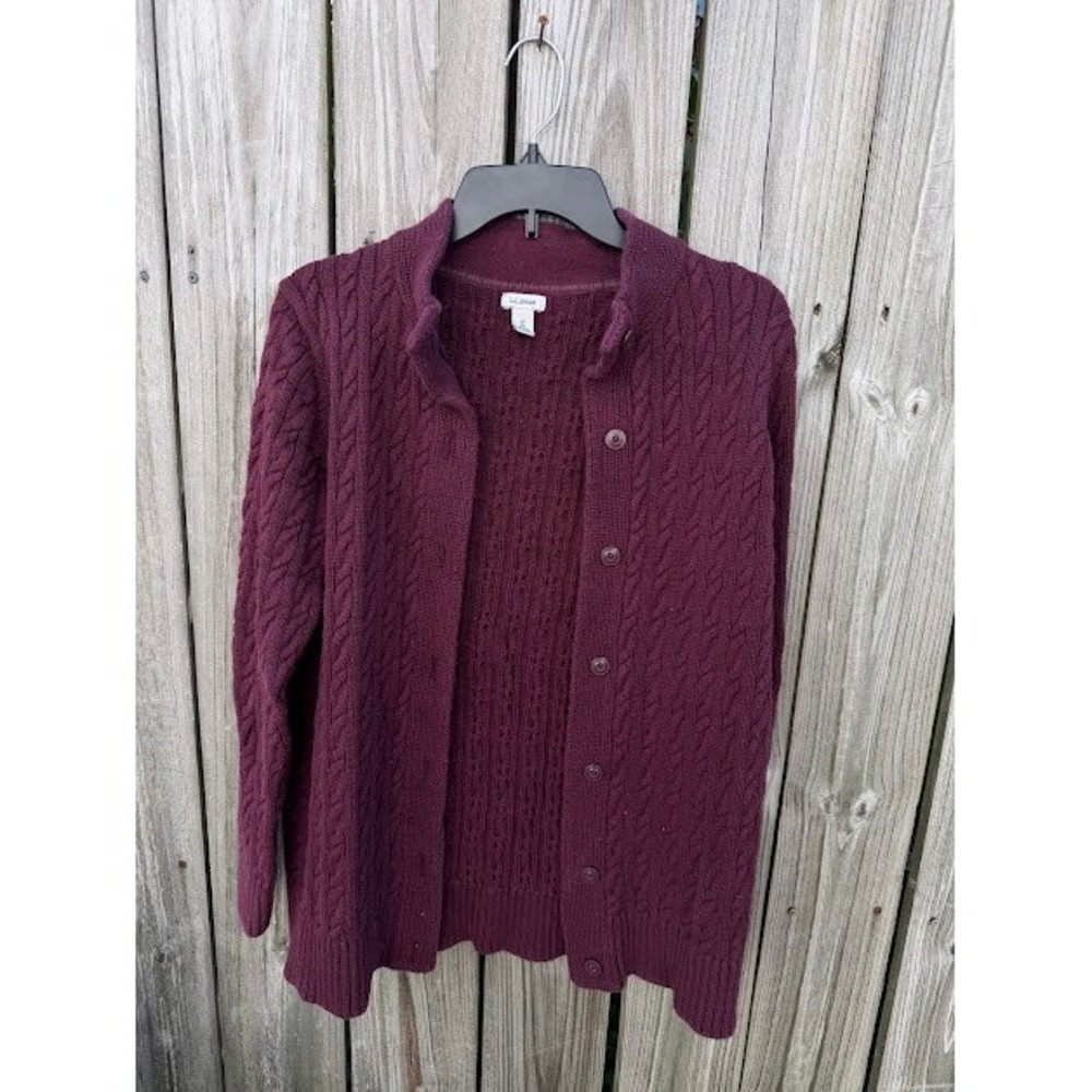 Preppy Classic L.L. Bean Cardigan Sweater M Burgundy Cable Knit Mock Neck 511496